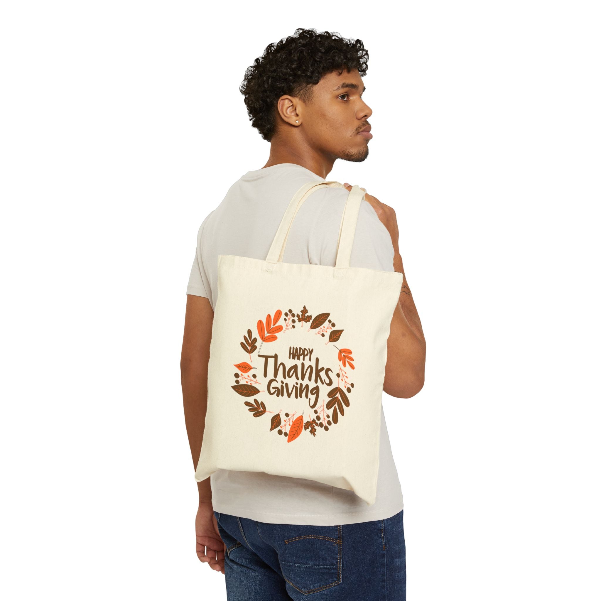 Thanksgiving Cotton Canvas Tote Bag - Happy Thanksgiving Accent