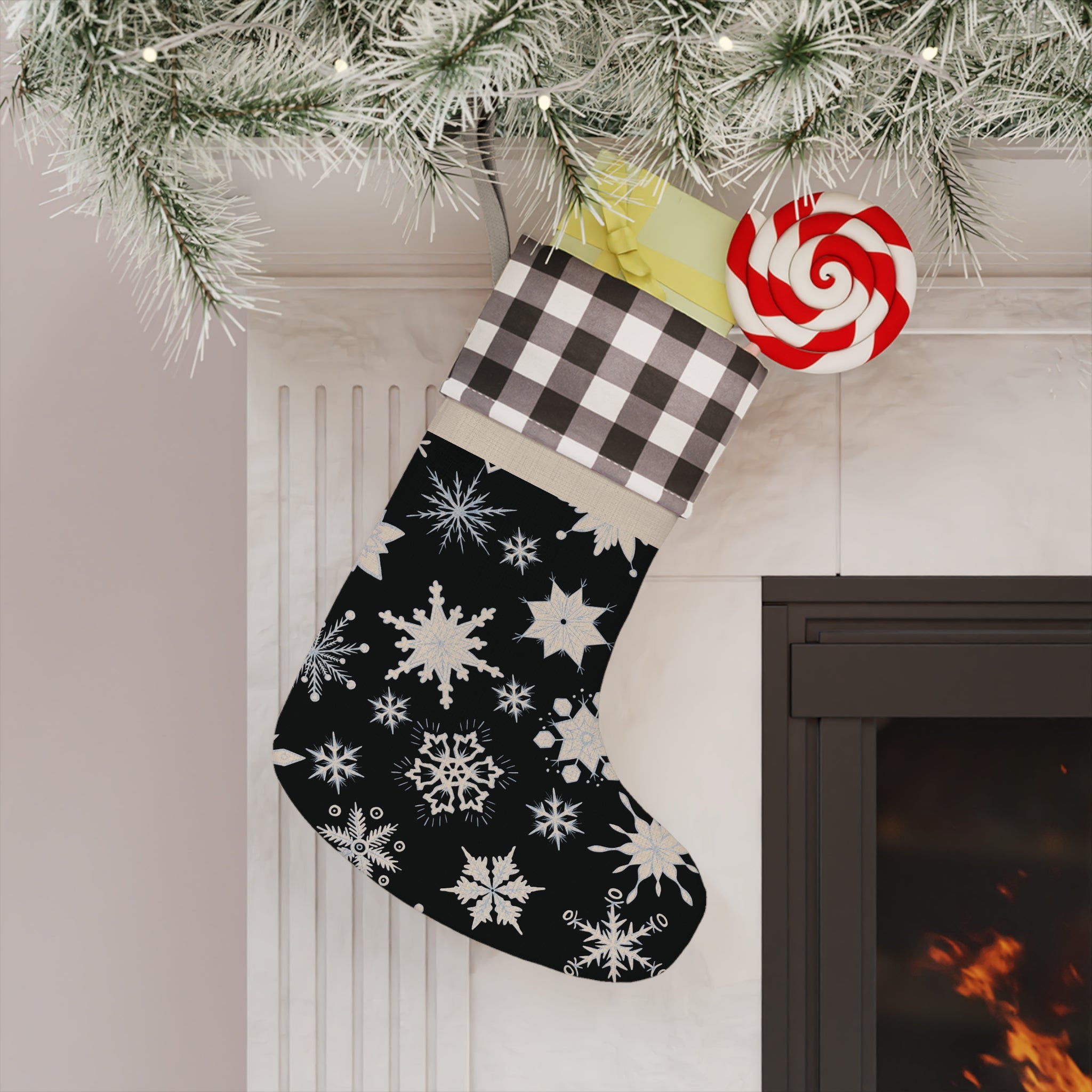 Black/White Plaid Christmas Stocking - Snowflakes