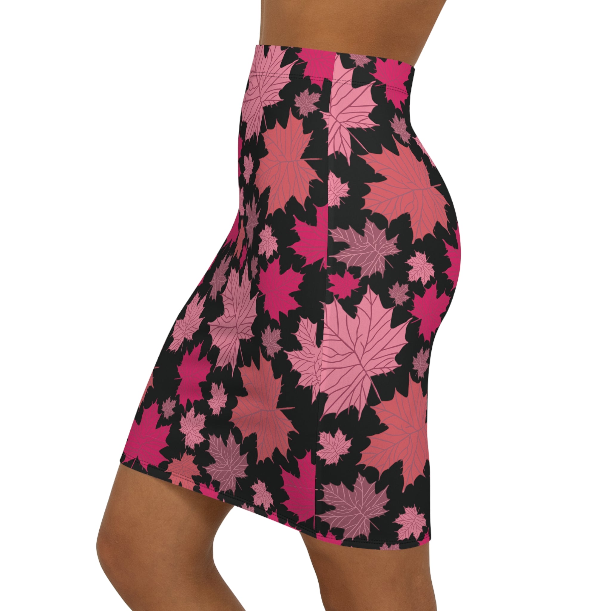 Falling Autumn Leaves Pencil Skirt — Black & Pink Leaf Print