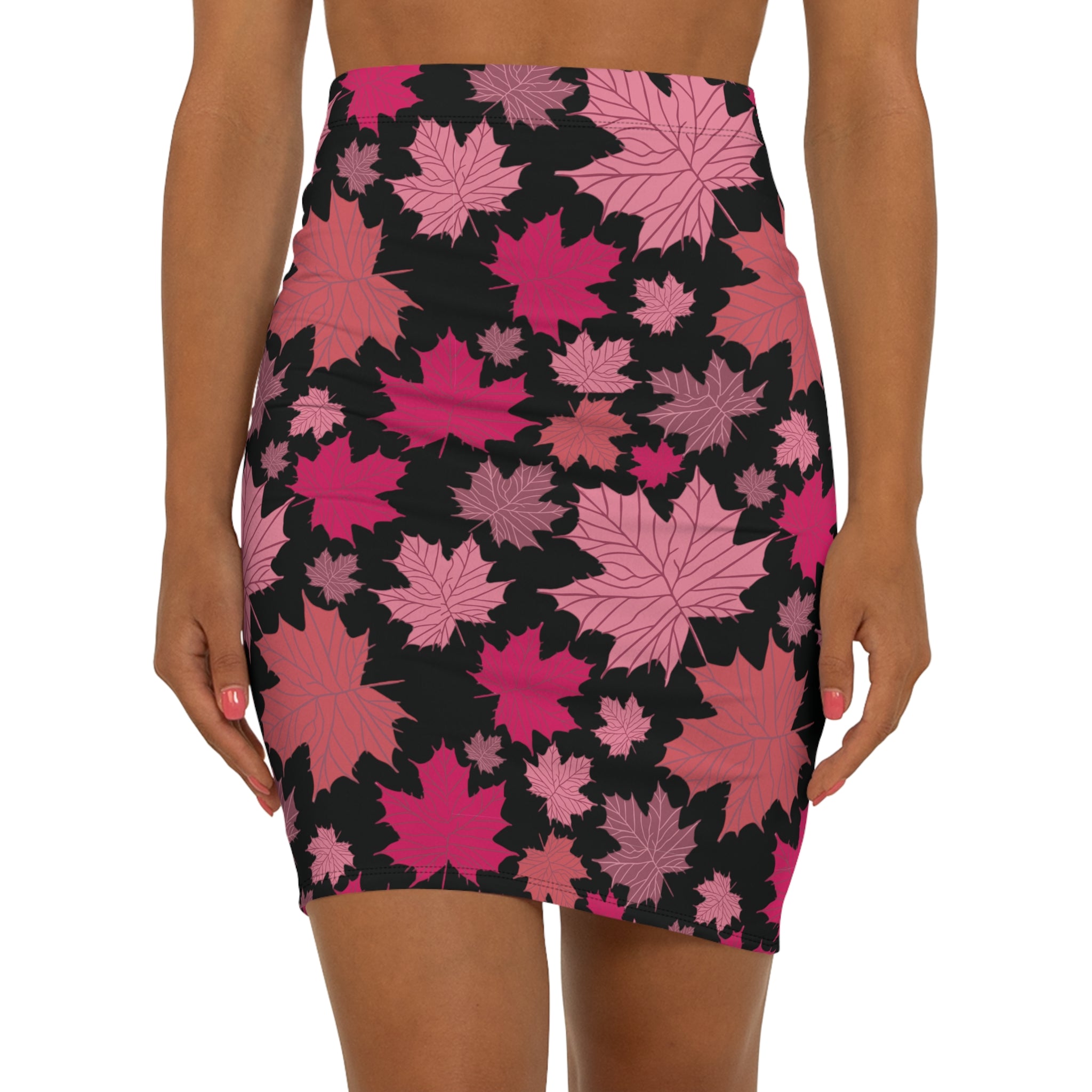 Falling Autumn Leaves Pencil Skirt — Black & Pink Leaf Print