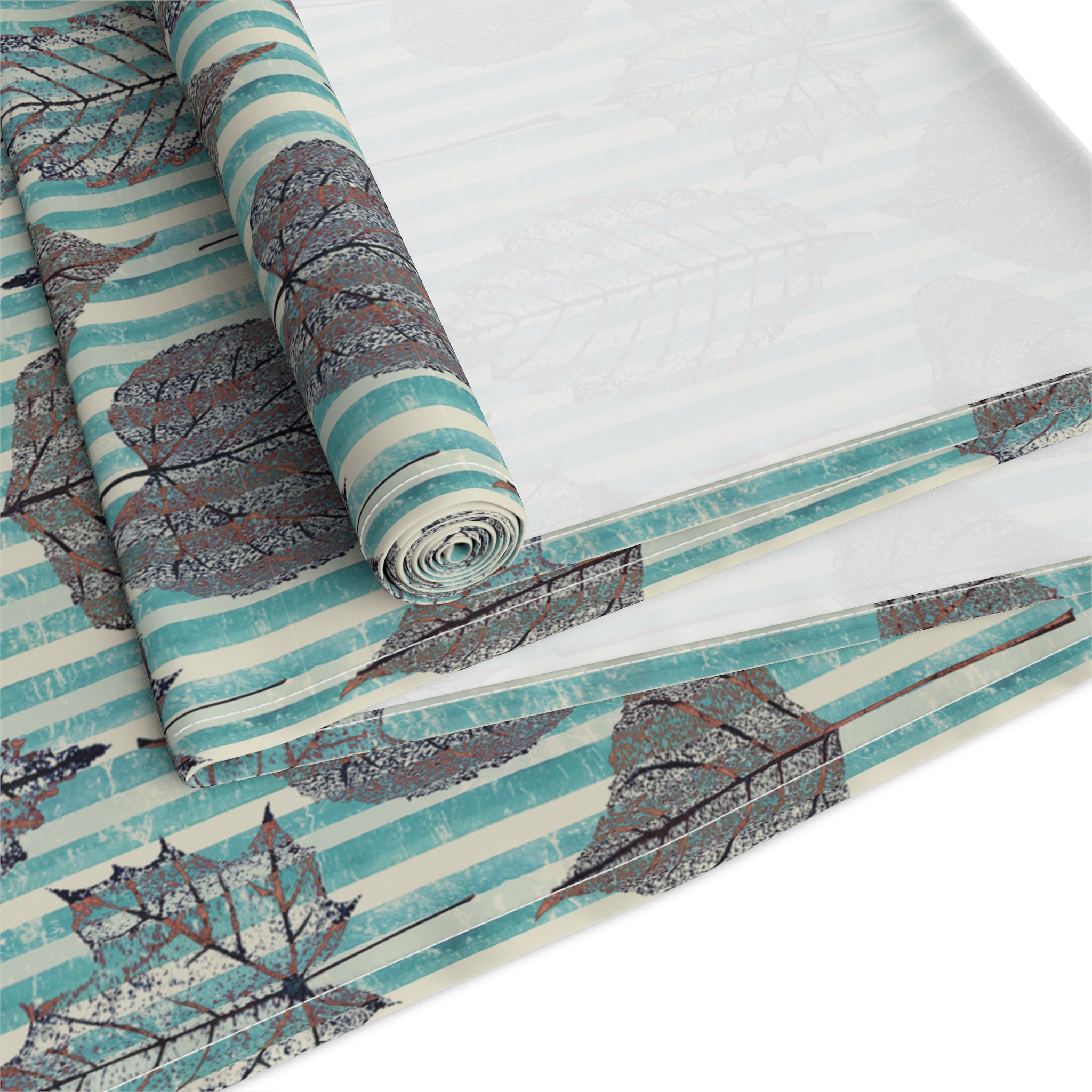 Thanksgiving Table Runner — Aqua Striped Leaf Print Pattern