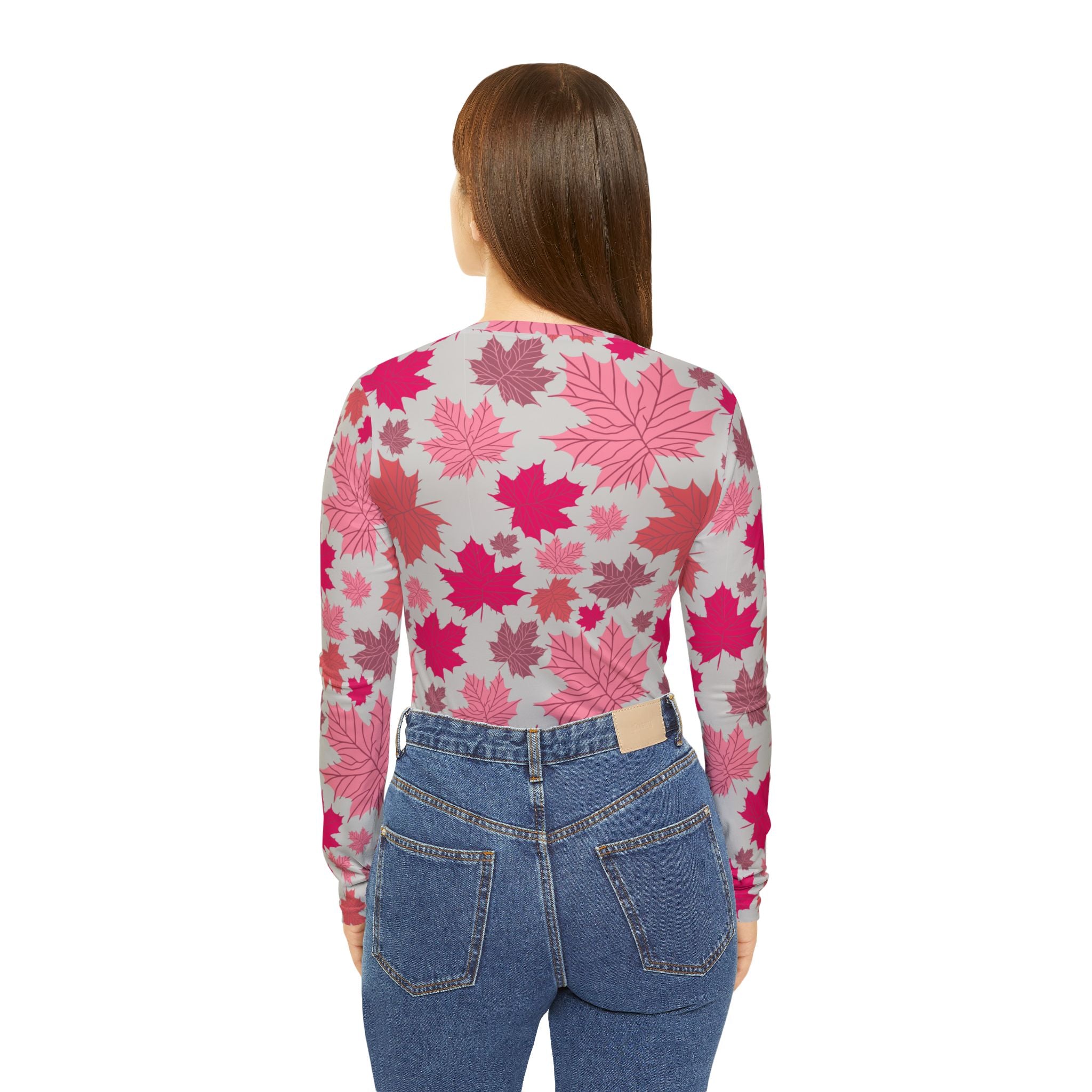 Women's Long Sleeve V-Neck - Pinky Fall Leaves