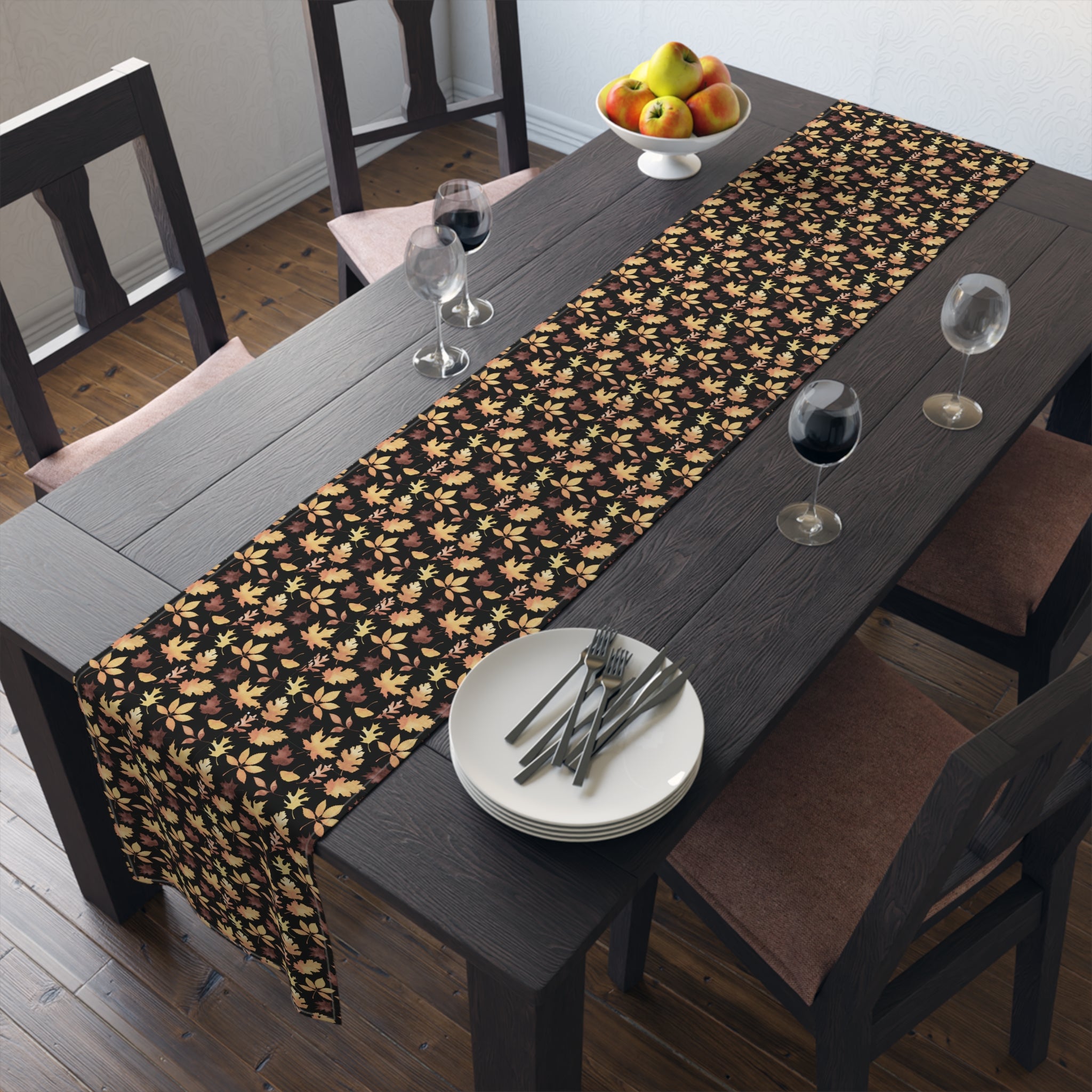 Thanksgiving Table Runner — Black/Seasonal Colored Tiny Leaf Takeover Pattern