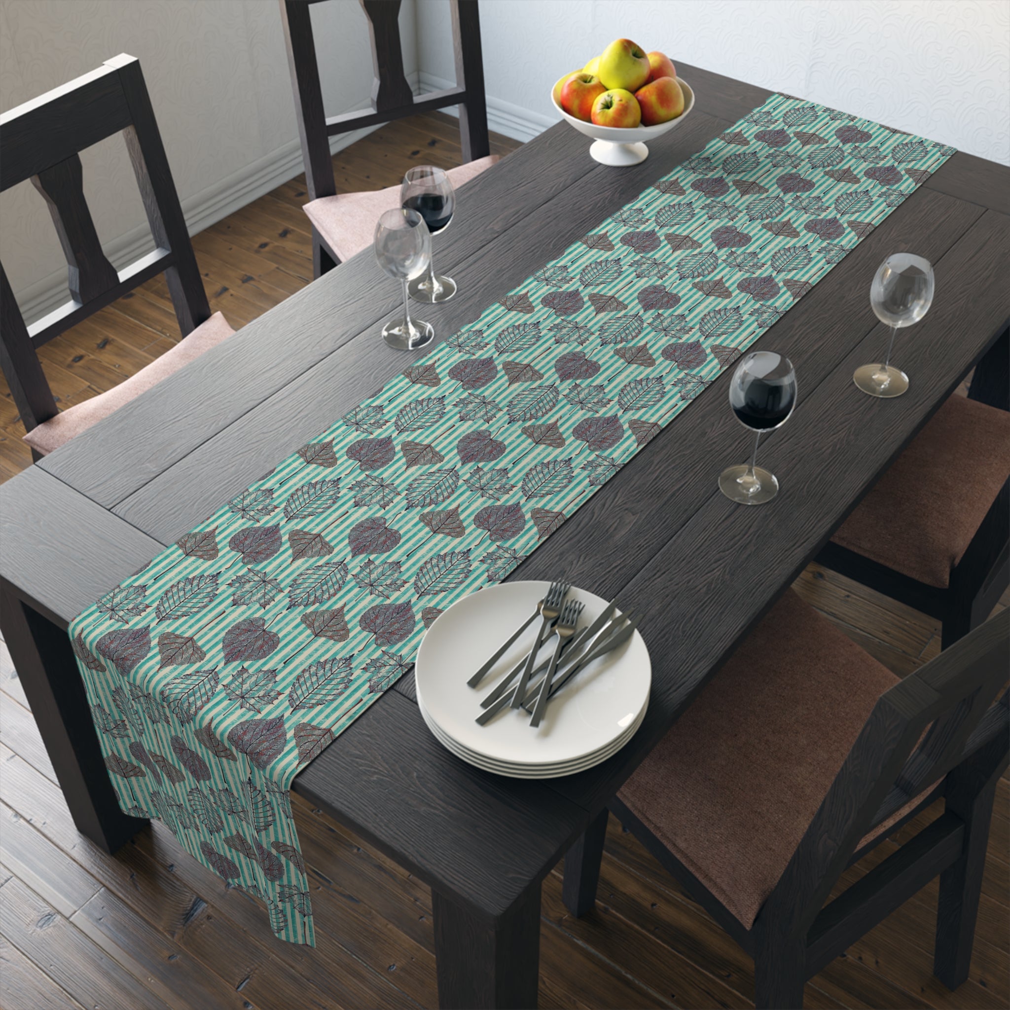 Thanksgiving Table Runner — Aqua Striped Leaf Print Pattern