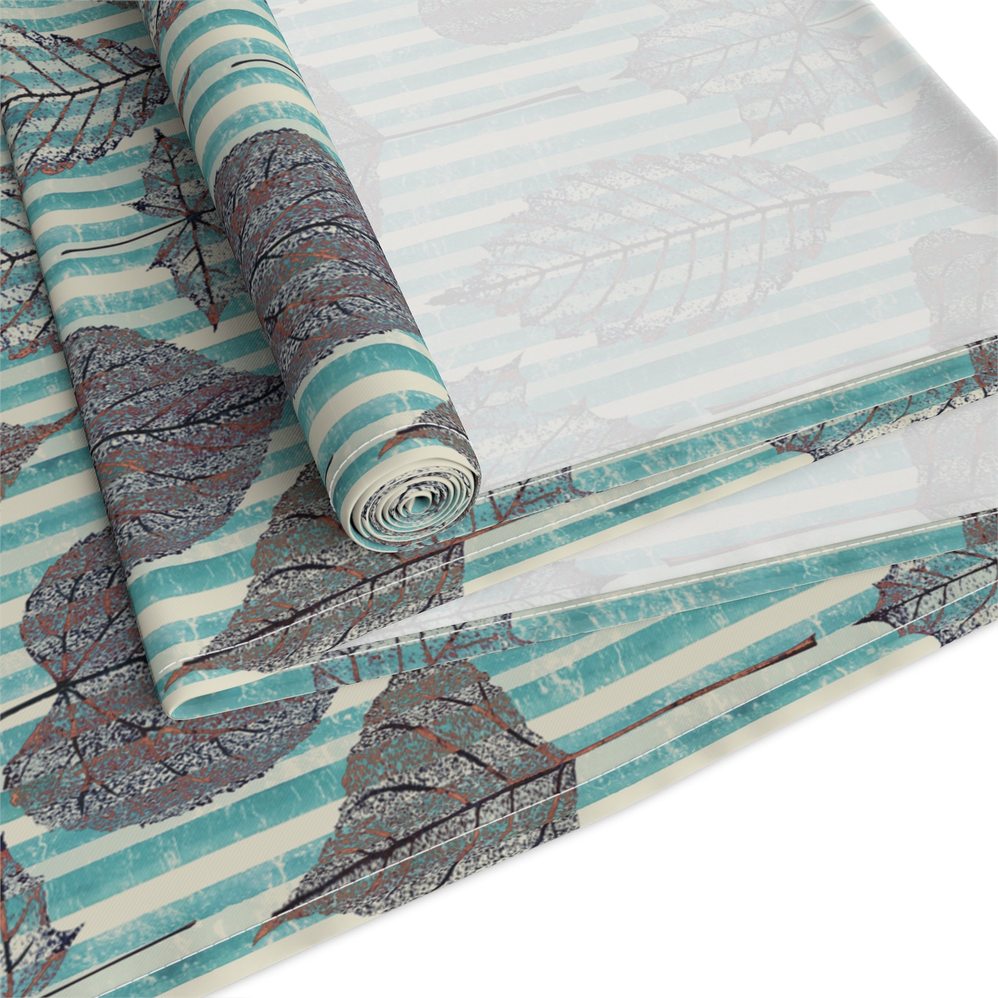 Thanksgiving Table Runner — Aqua Striped Leaf Print Pattern