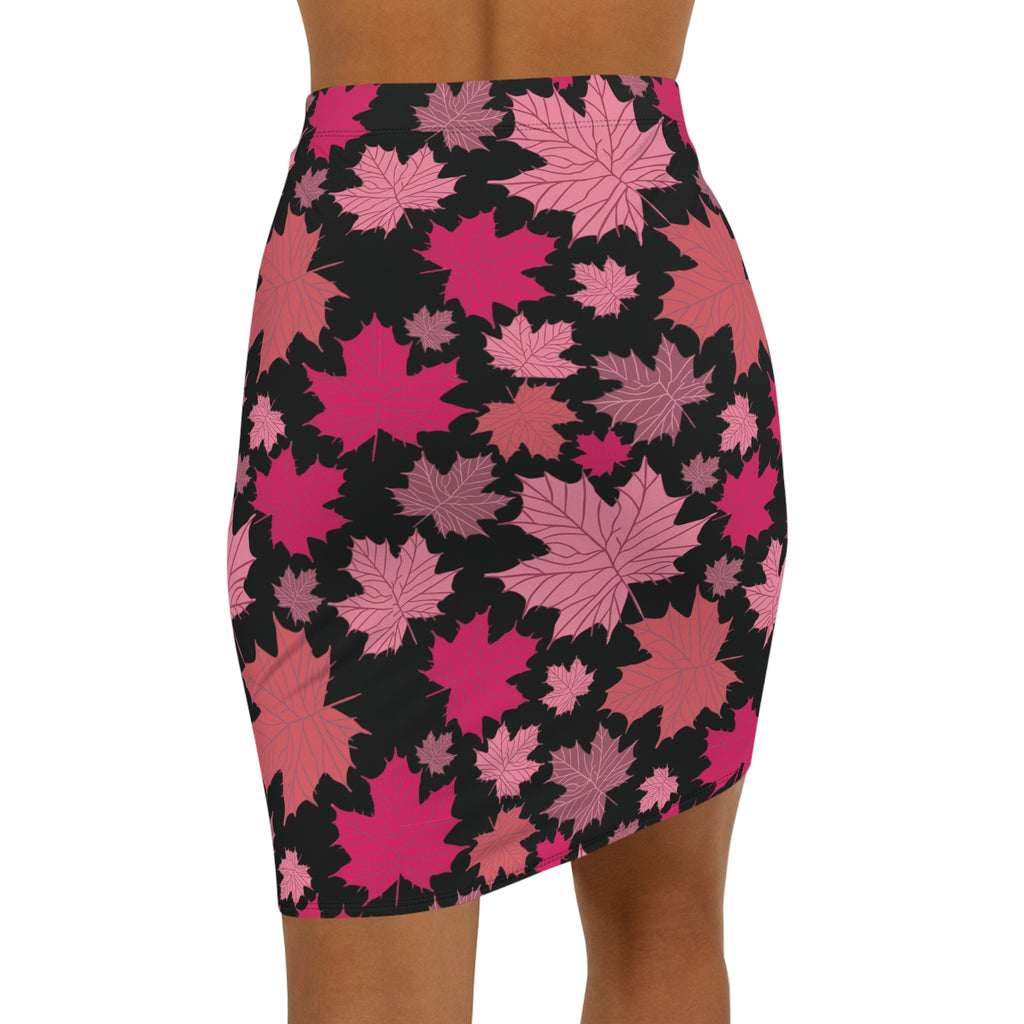 Falling Autumn Leaves Pencil Skirt — Black & Pink Leaf Print