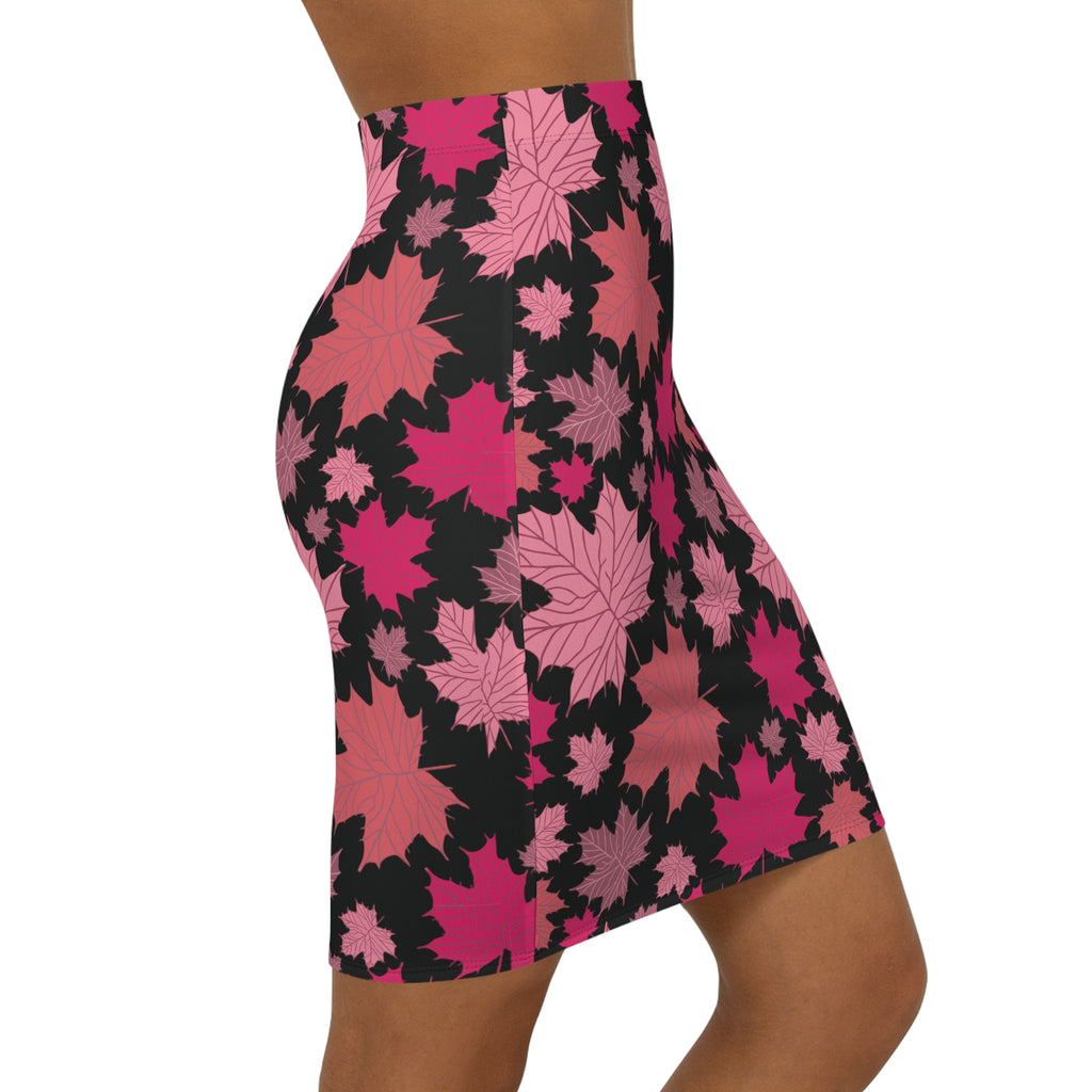 Falling Autumn Leaves Pencil Skirt — Black & Pink Leaf Print