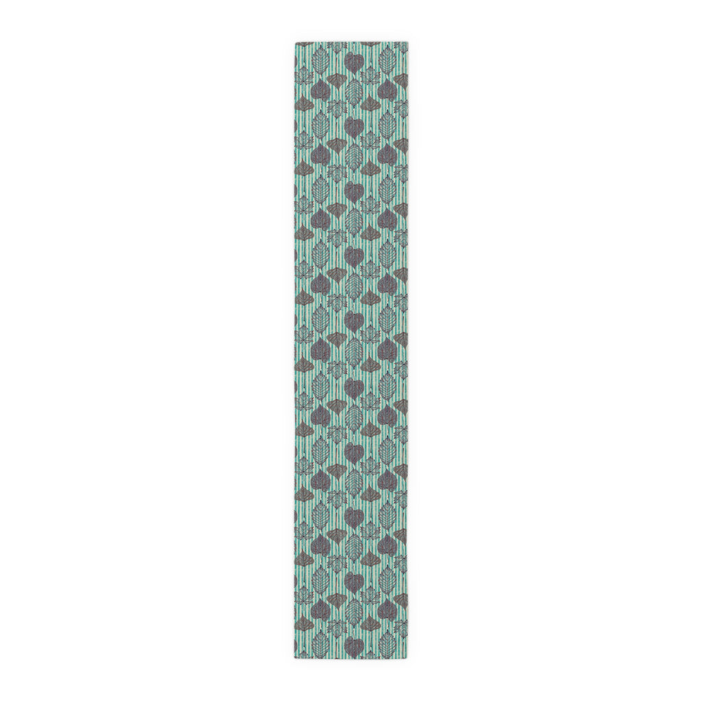 Thanksgiving Table Runner — Aqua Striped Leaf Print Pattern