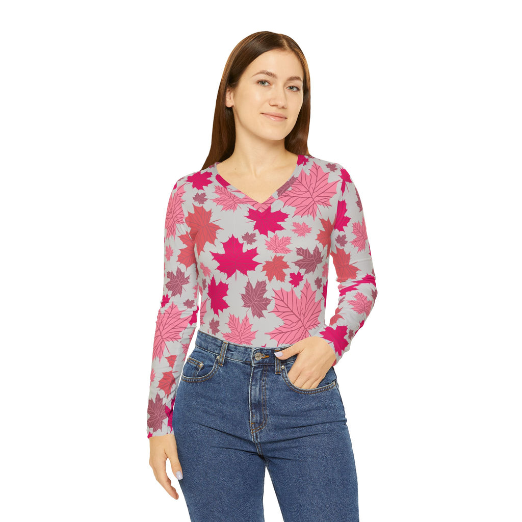 Women's Long Sleeve V-Neck - Pinky Fall Leaves