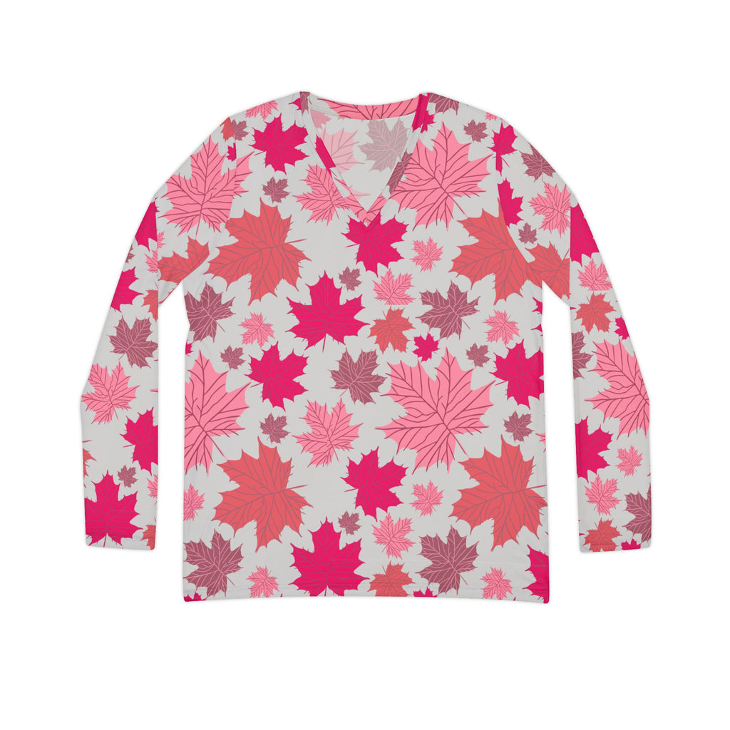 Women's Long Sleeve V-Neck - Pinky Fall Leaves