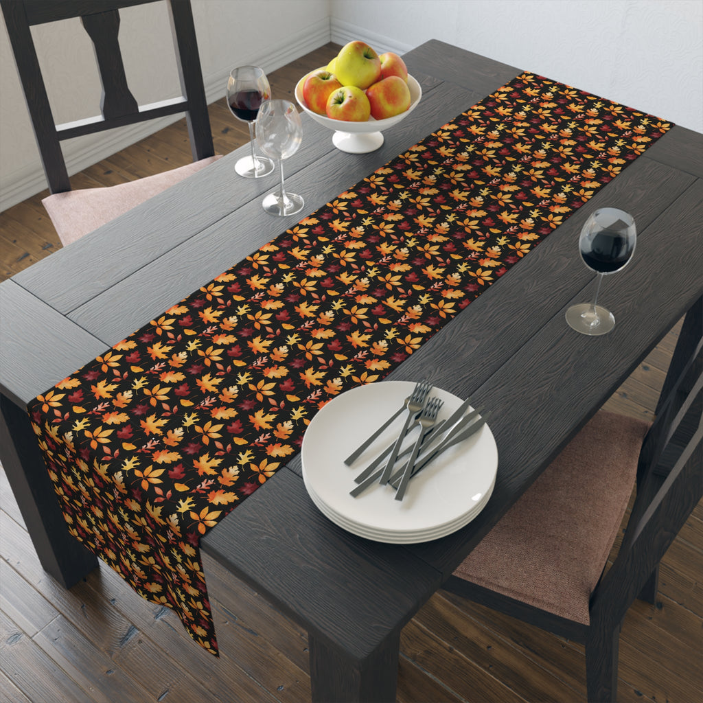 Thanksgiving Table Runner — Black/Seasonal Colored Tiny Leaf Takeover Pattern