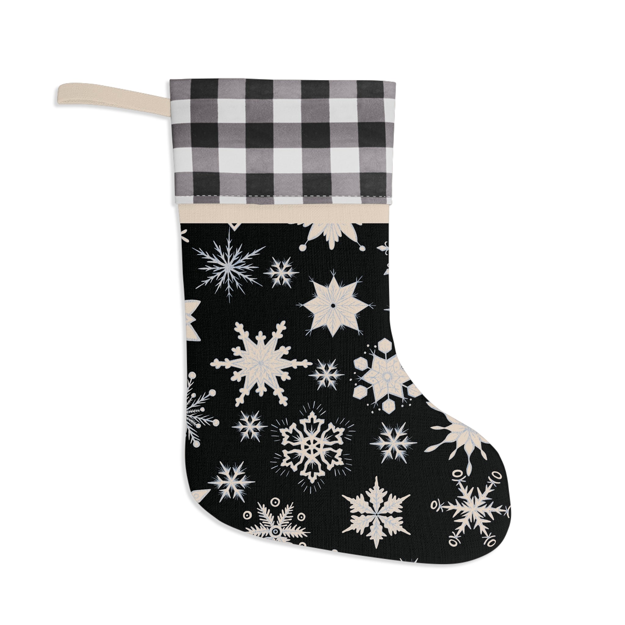 Black/White Plaid Christmas Stocking - Snowflakes