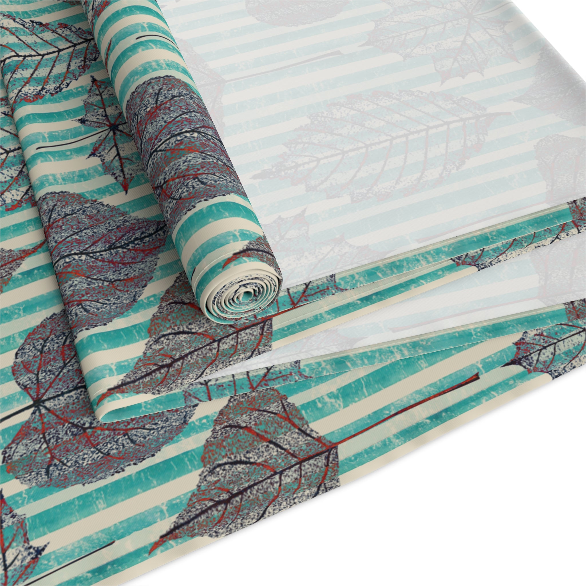 Thanksgiving Table Runner — Aqua Striped Leaf Print Pattern