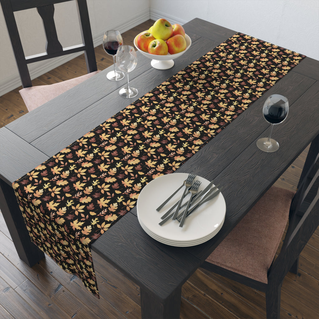 Thanksgiving Table Runner - Black and Multicolor Tiny Seasonal Leaves