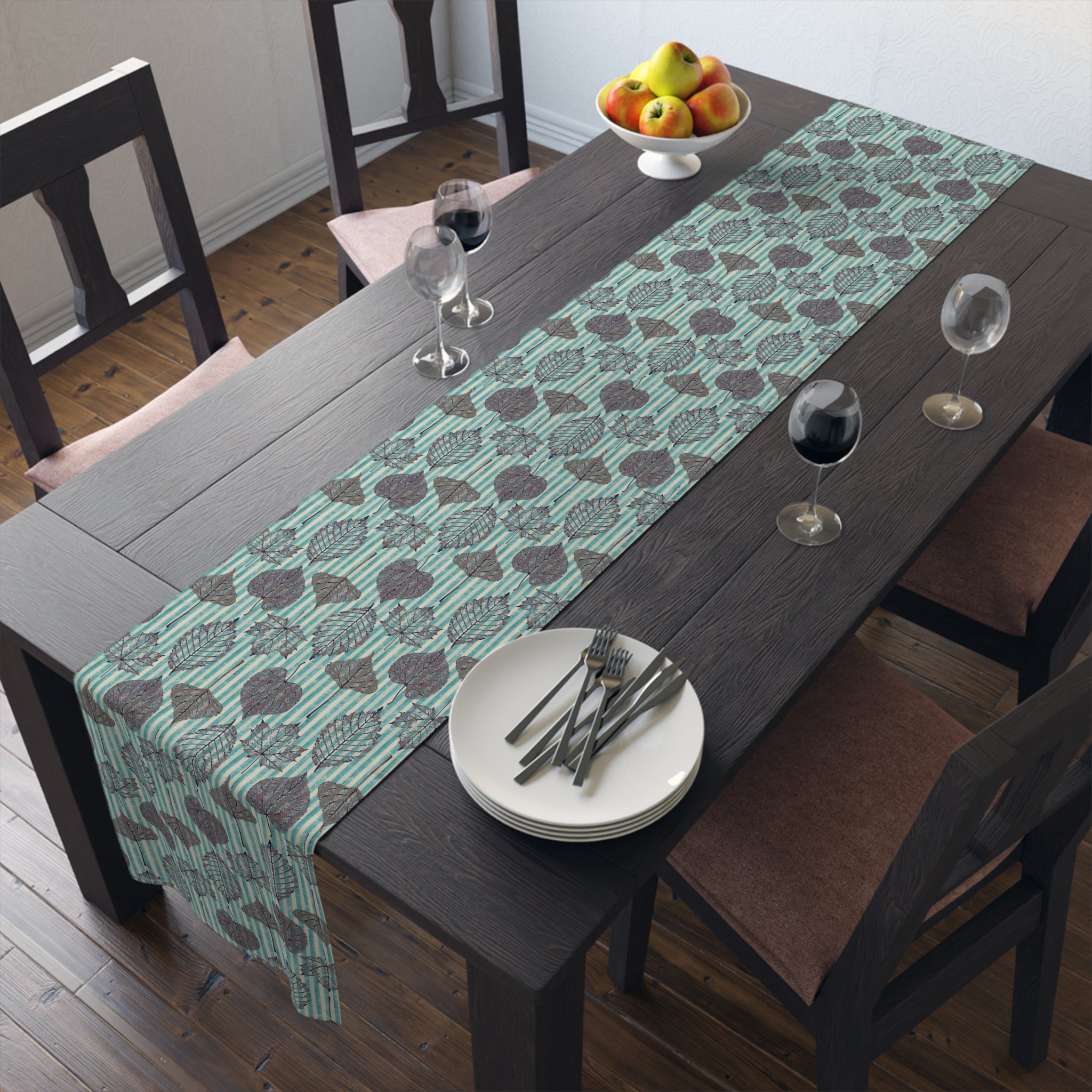 Thanksgiving Table Runner — Aqua Striped Leaf Print Pattern